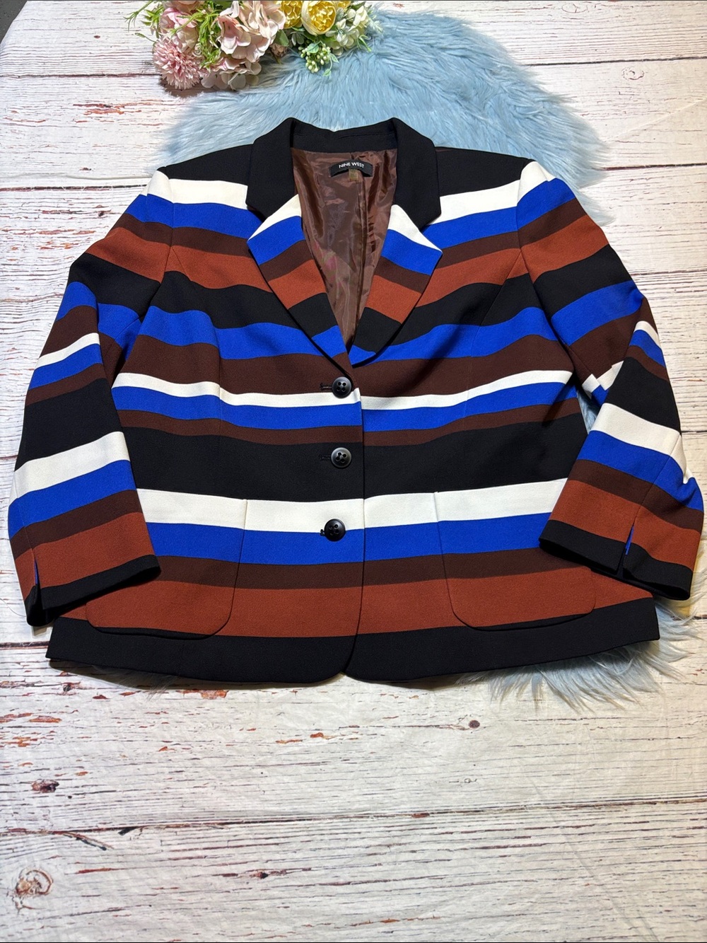 Nine West Striped Blazer Jacket in Black, Brown, Blue & White sz 18